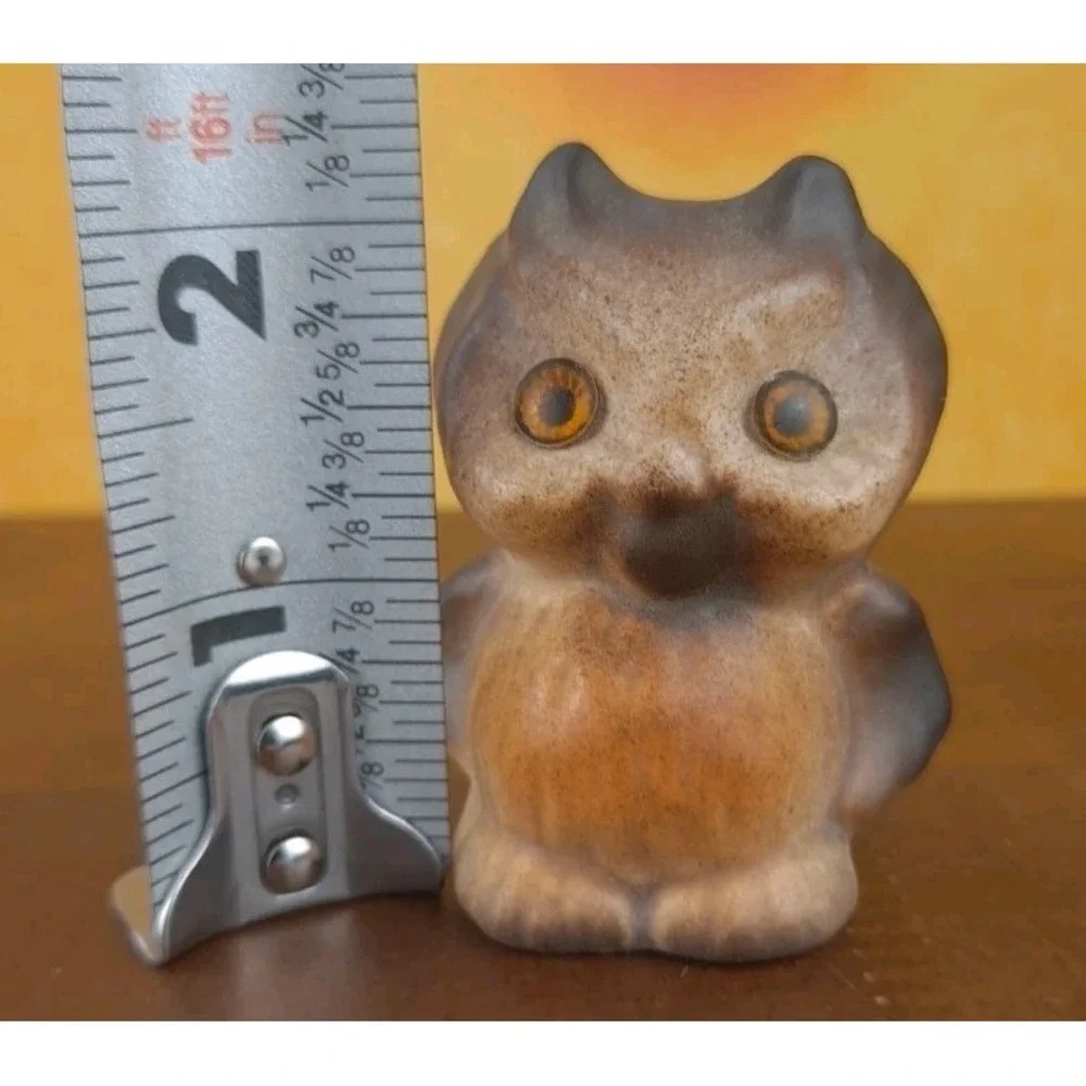 Owl Mini Figurine‎ 2-1/4 Brown Glass Eyes US Pottery Ceramic